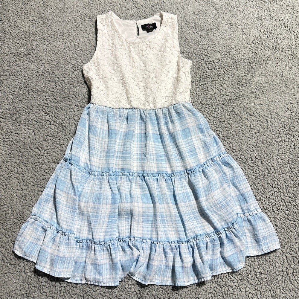 👉 IN Girl Size 10 Sleeveless White Lace Blue Plaid Tiered Ruffle Dress